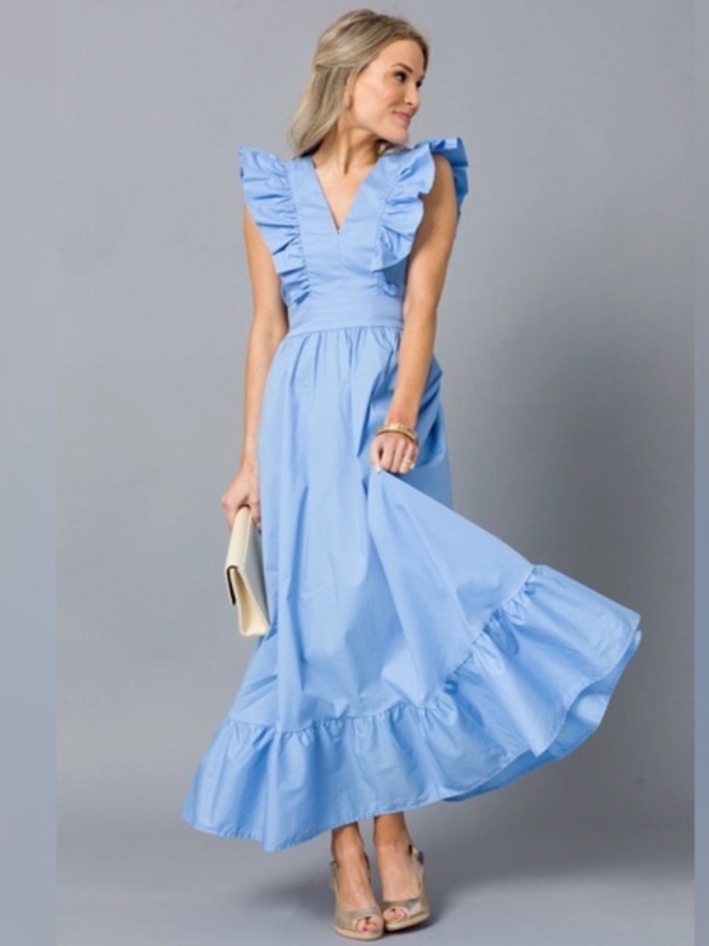 Karlie Ruffle Poplin Blue Maxi Dress
